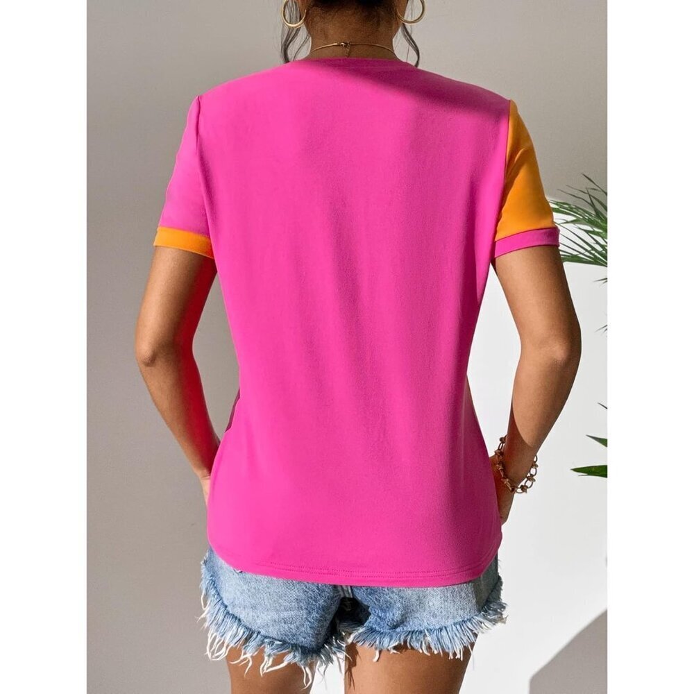 Women's Color Block T Shirt Short Sleeve Casual Crew Neck Top Medium - Picture 2 of 6